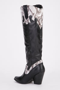 Knee Length Black Grey Snake Cowboy Boots Cuban Heel