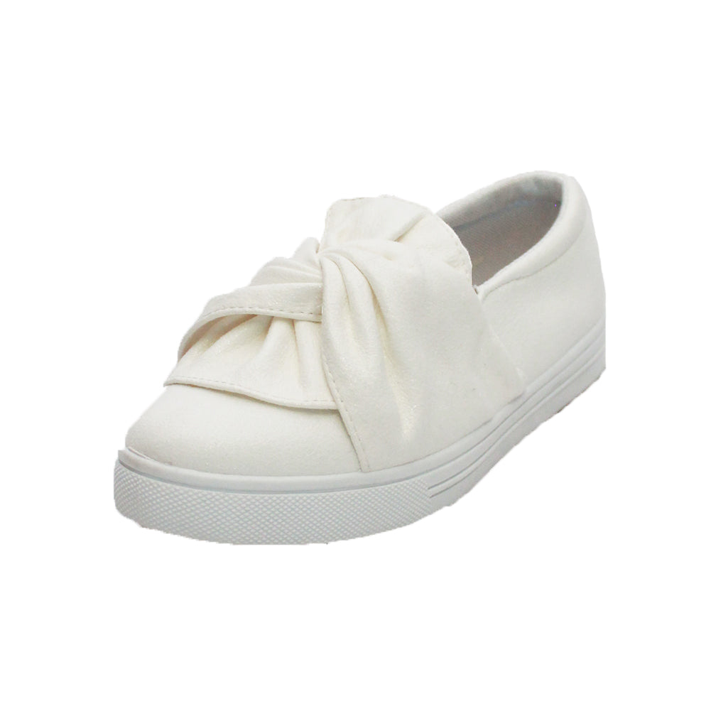 Children's White suedette slip on shoes with fixed bow / sash to front