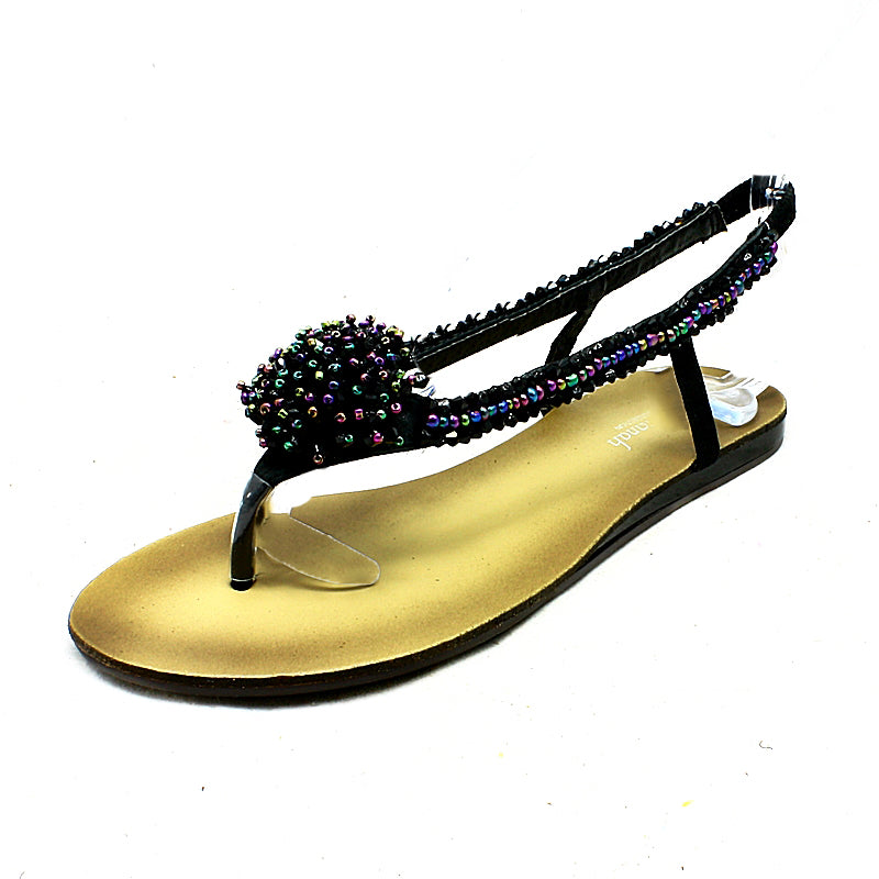 Black beaded flat sandals with rosette front