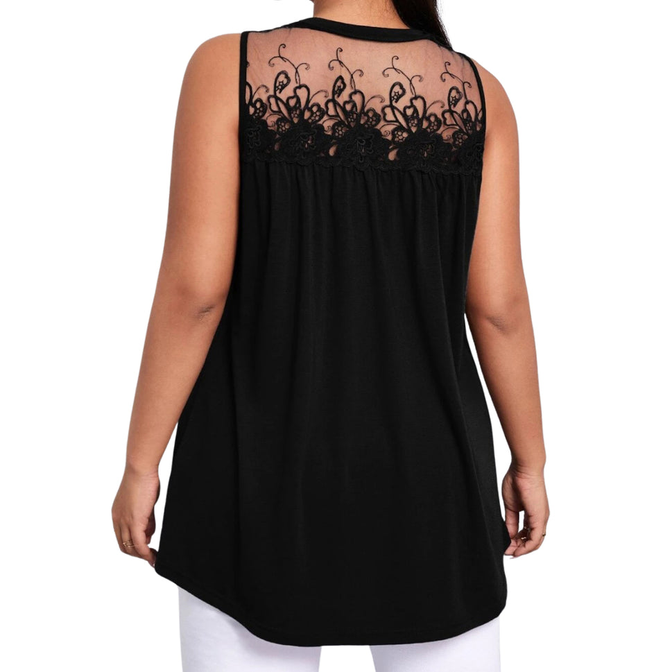 SLEEVELESS LOOSE FITTING TUNIC TOP WITH LACE NECKBlack / UK 12-14