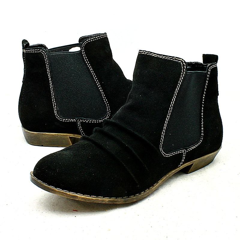 Faux suede gusset side low heel ankle boots