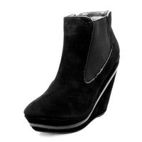 Suedette platform wedge heel ankle boots with patent edging