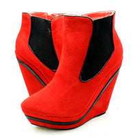Suedette platform wedge heel ankle boots with patent edging