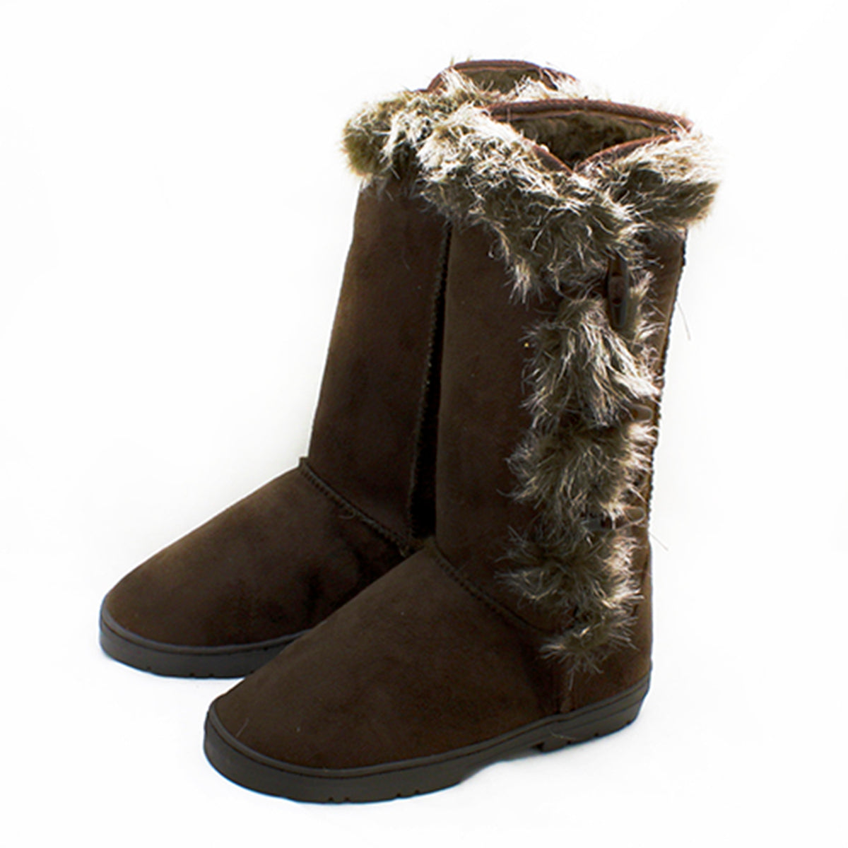 Brown Fur Edged side toggle detail calf length winter boots