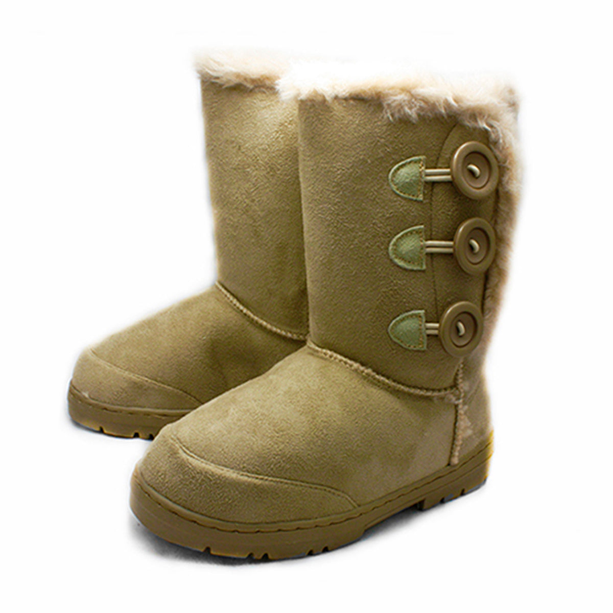 Beige Fur lined flat calf length large side button boots