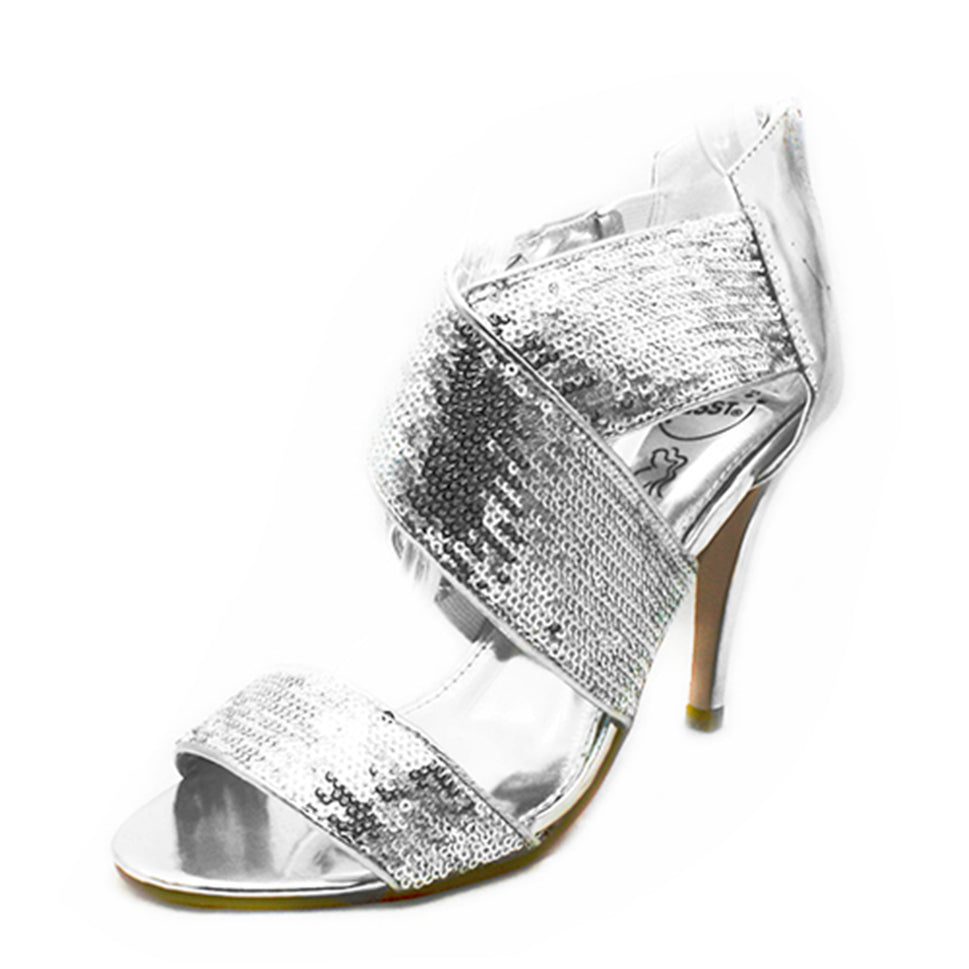 Sequined elasticated cross over high heel shoes with ankle strapSilver / UK 6