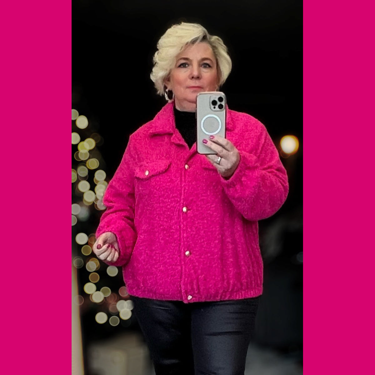 Hot Pink Teddy Bomber Jacket Gold Button Fully Lined