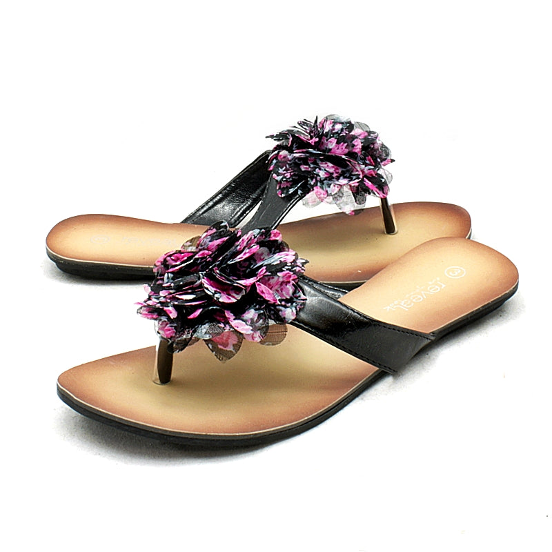 Black with pink edged rosette flat sandals / flip flops