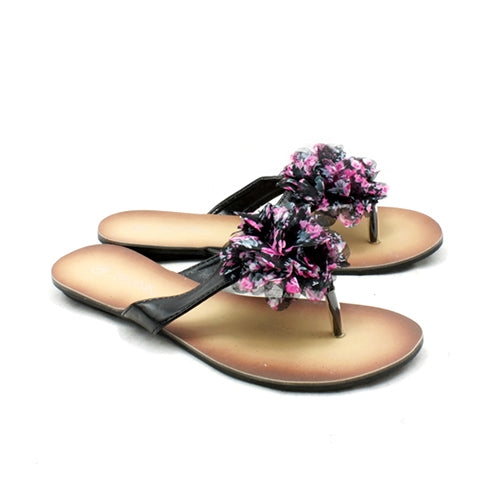 Black with pink edged rosette flat sandals / flip flops