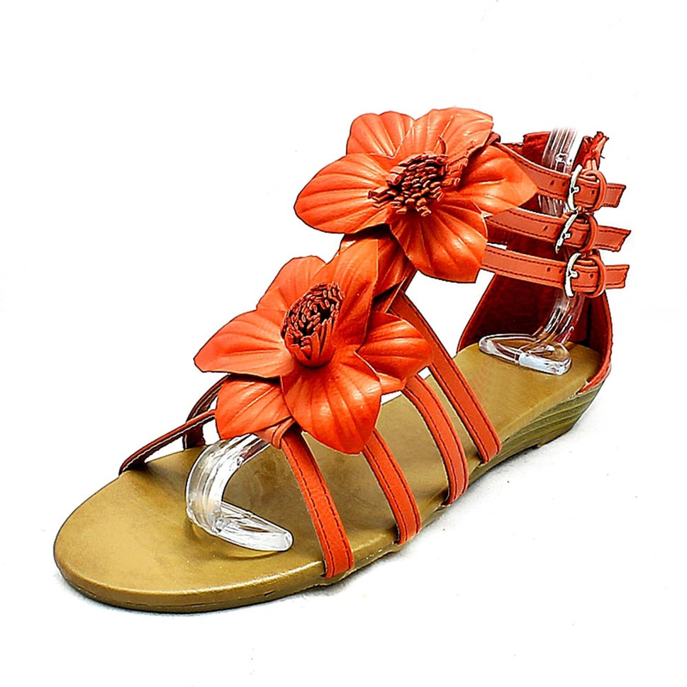 Red flower front low wedge sandals