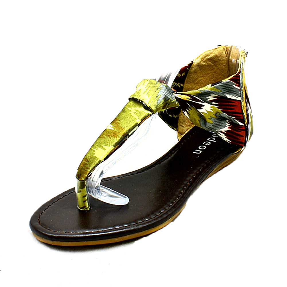 Ladies satin multi coloured flat sandals with toe post