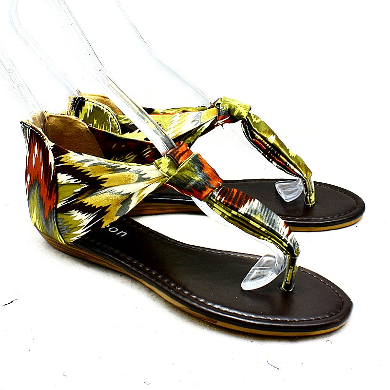 Ladies satin multi coloured flat sandals with toe post