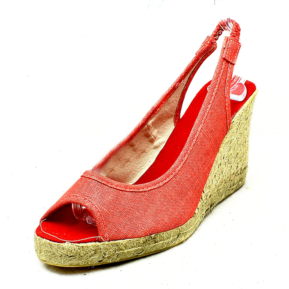 Ladies red canvas peep toe wicker wedge sandals