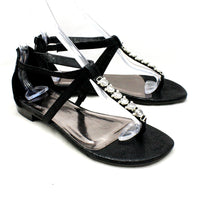 Black flat t-bar sandals with jewelled strap