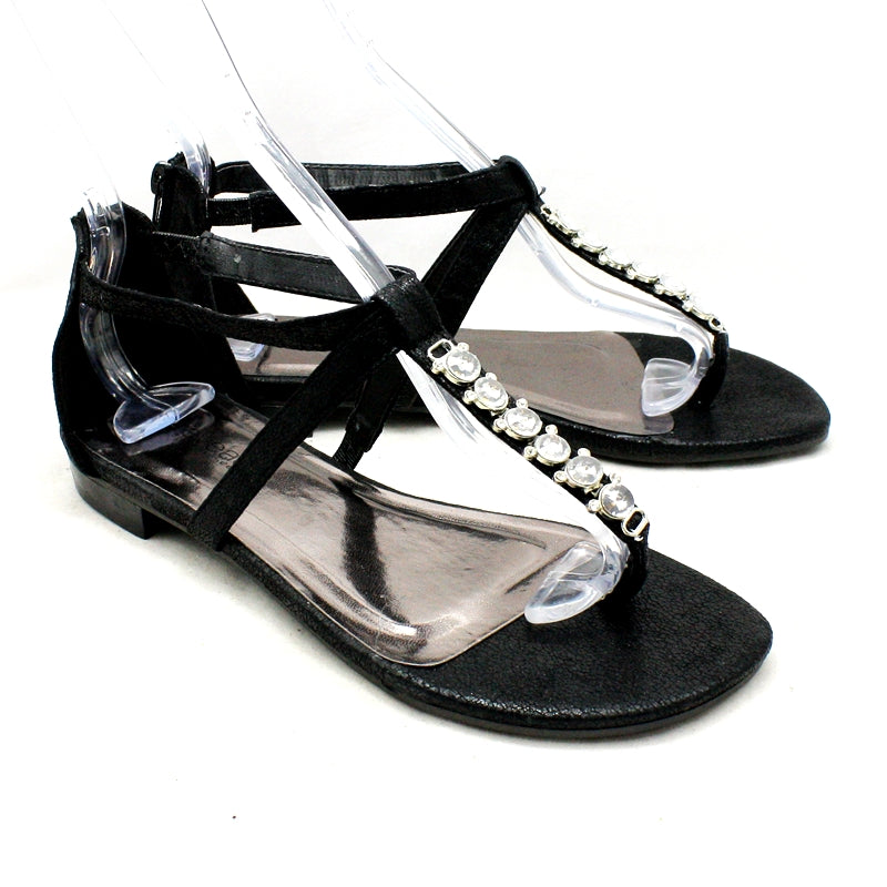 ROCKTHOSECURVES BLACK SHIMMER FLAT SANDALS WITH JEWEL T-BAR