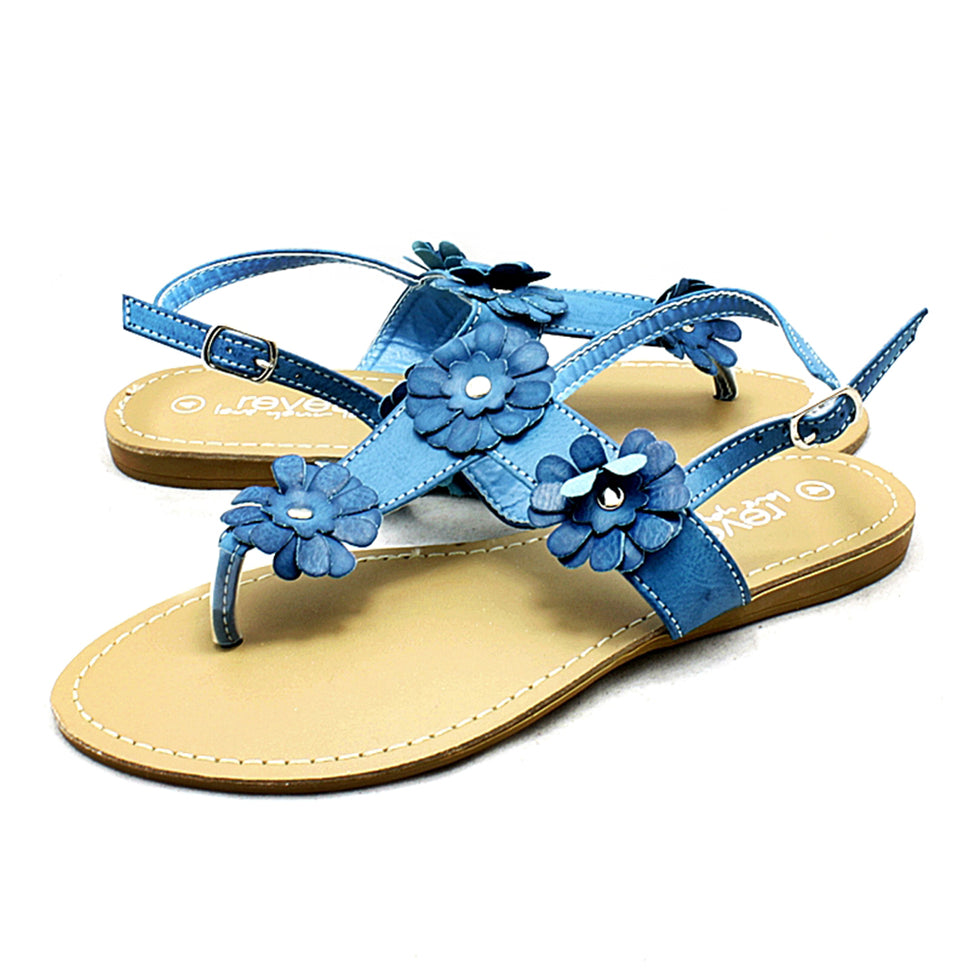 Flat sling back sandals with flower detail and toe postTeal / UK 5