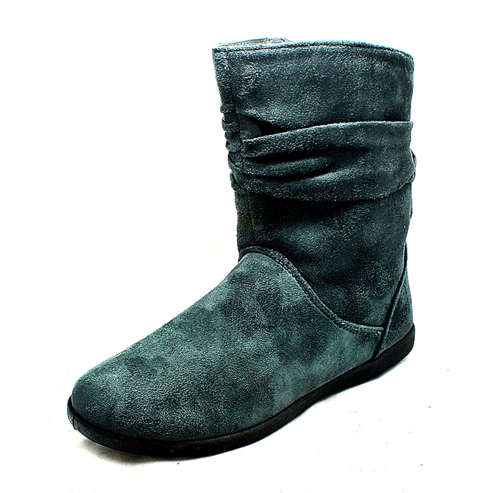 Grey suedette flat snugg fitting boots buckle back + fleece lining
