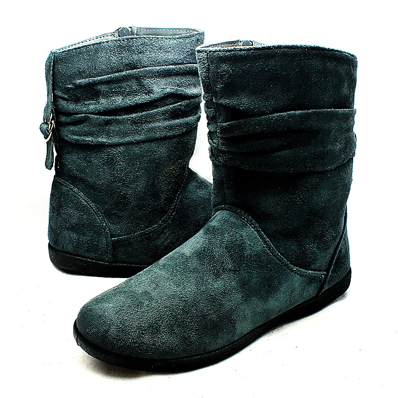 Grey suedette flat snugg fitting boots buckle back + fleece lining