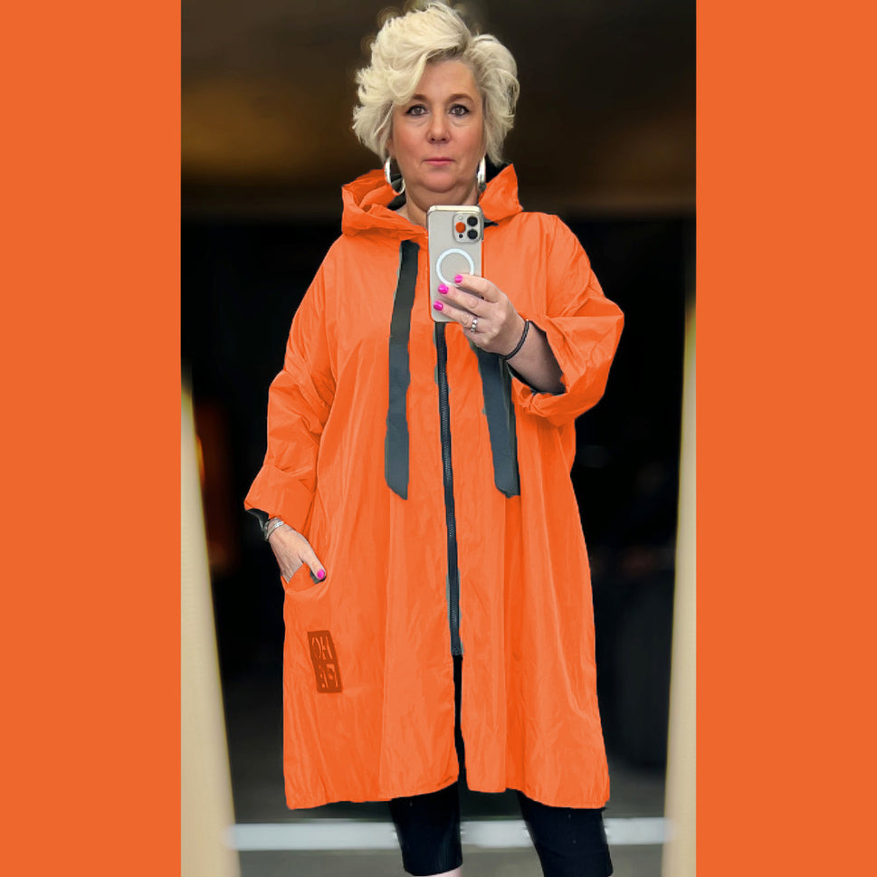 A-LINE DIPPED HEM JACKET RAIN MAC / COAT WITH HOODOrange / UK 12-14