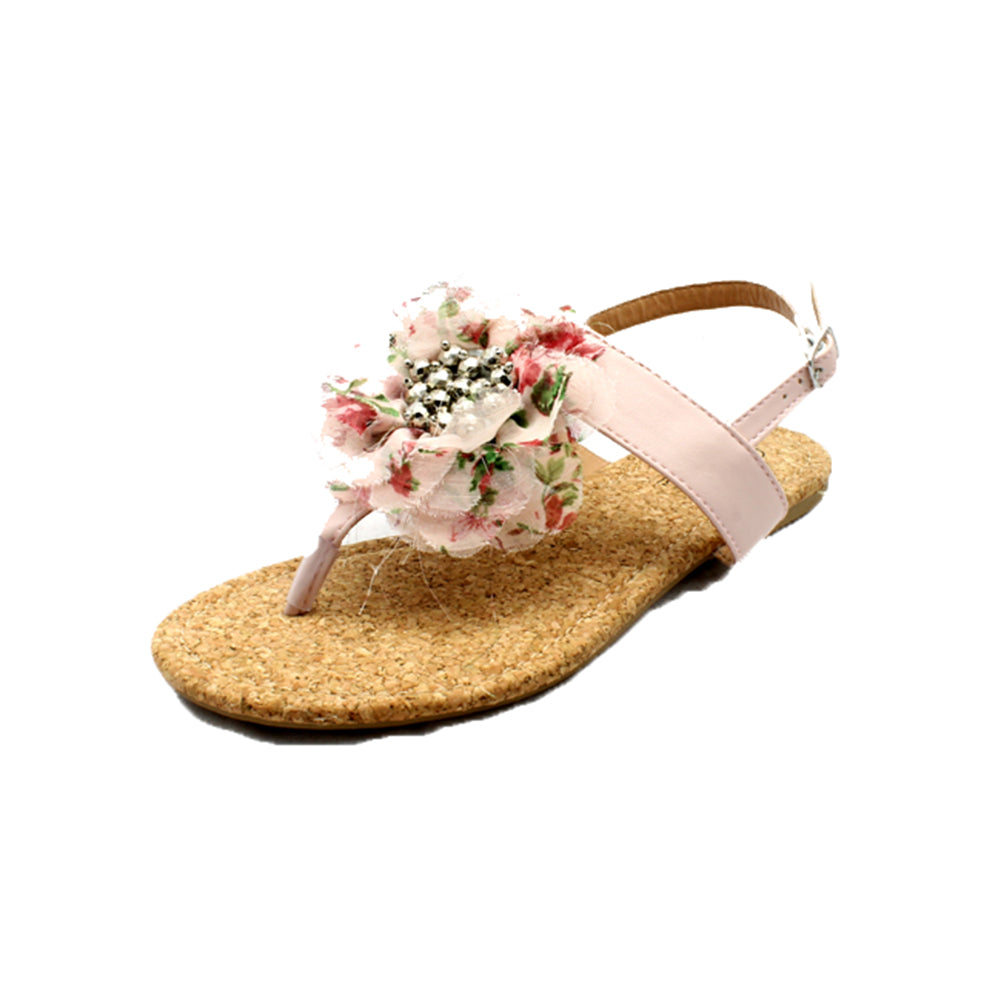 Pale Pink flat sandals with beaded ruffled front