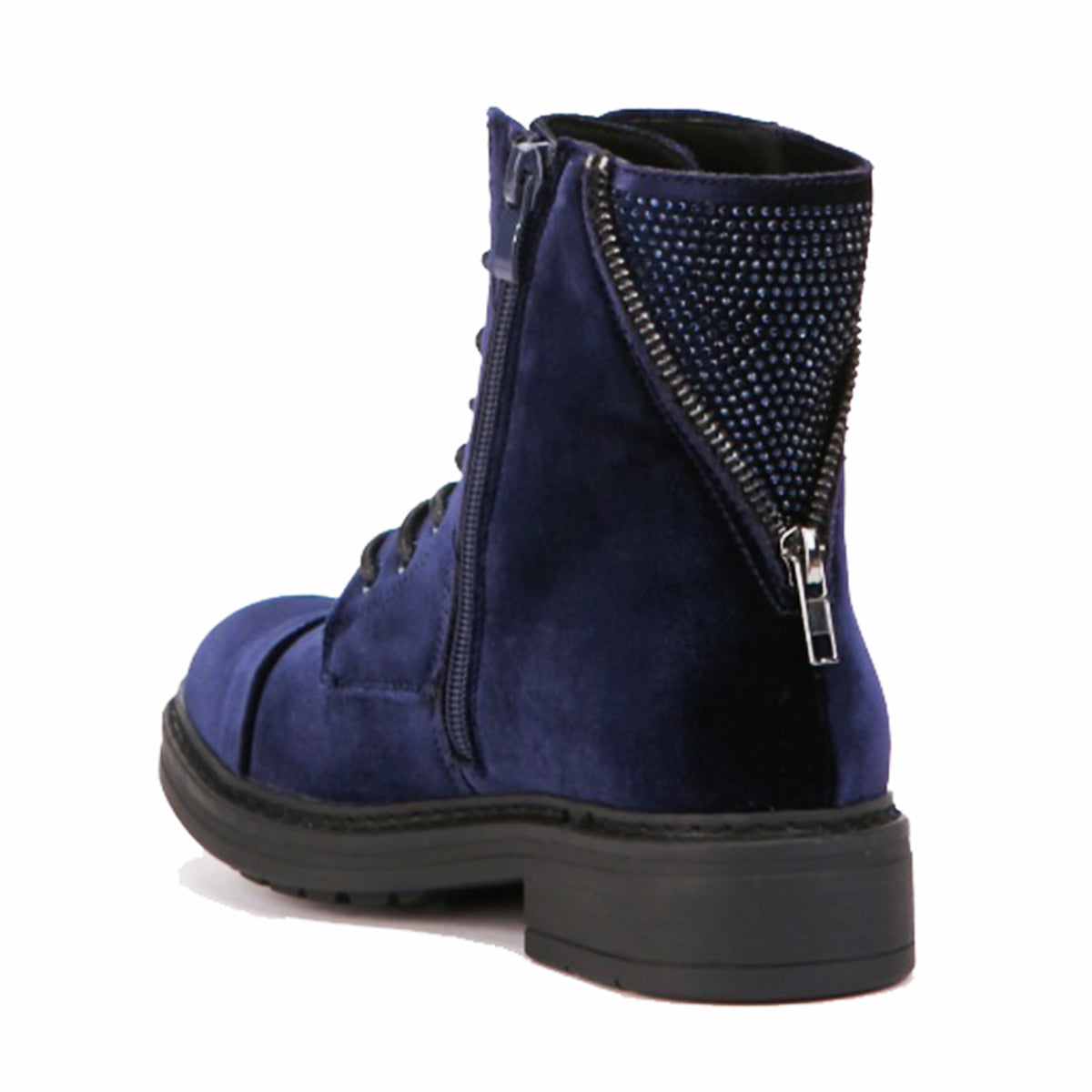 Dark Blue Velvet ankle boots with crystal studded heel