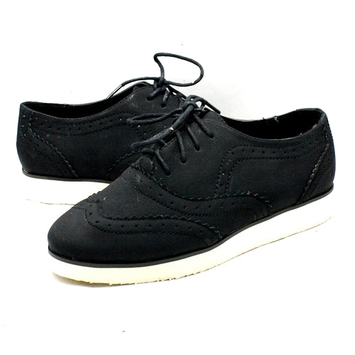 Ladies Black Suedette brogue style lace up flat shoes with white sole