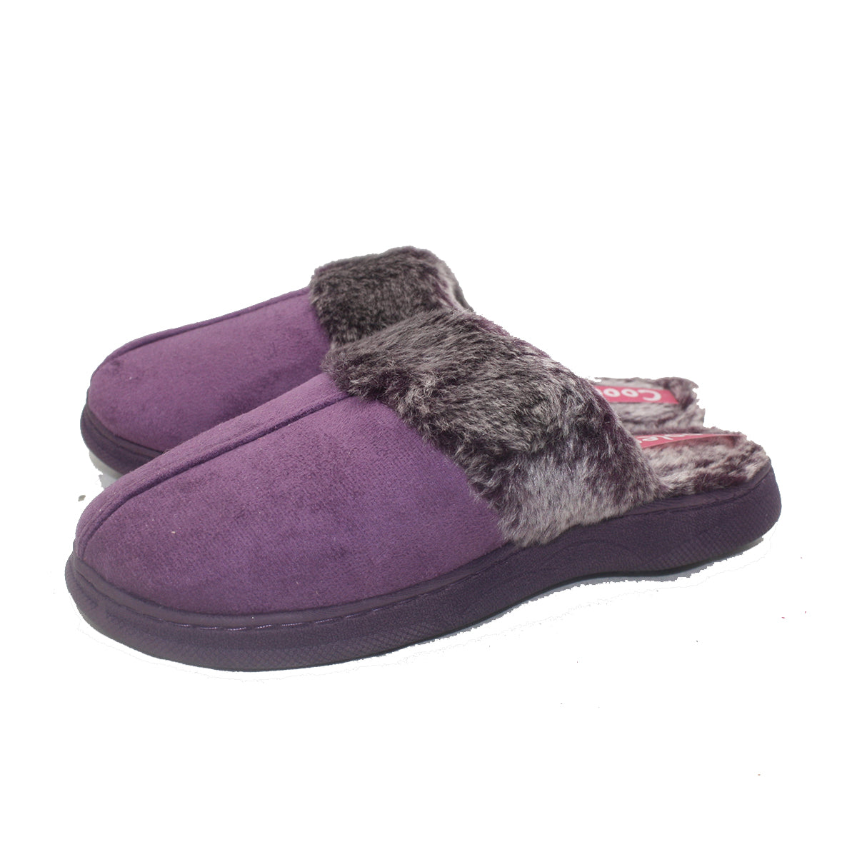 Purple suedette open back slippers with fur cuff