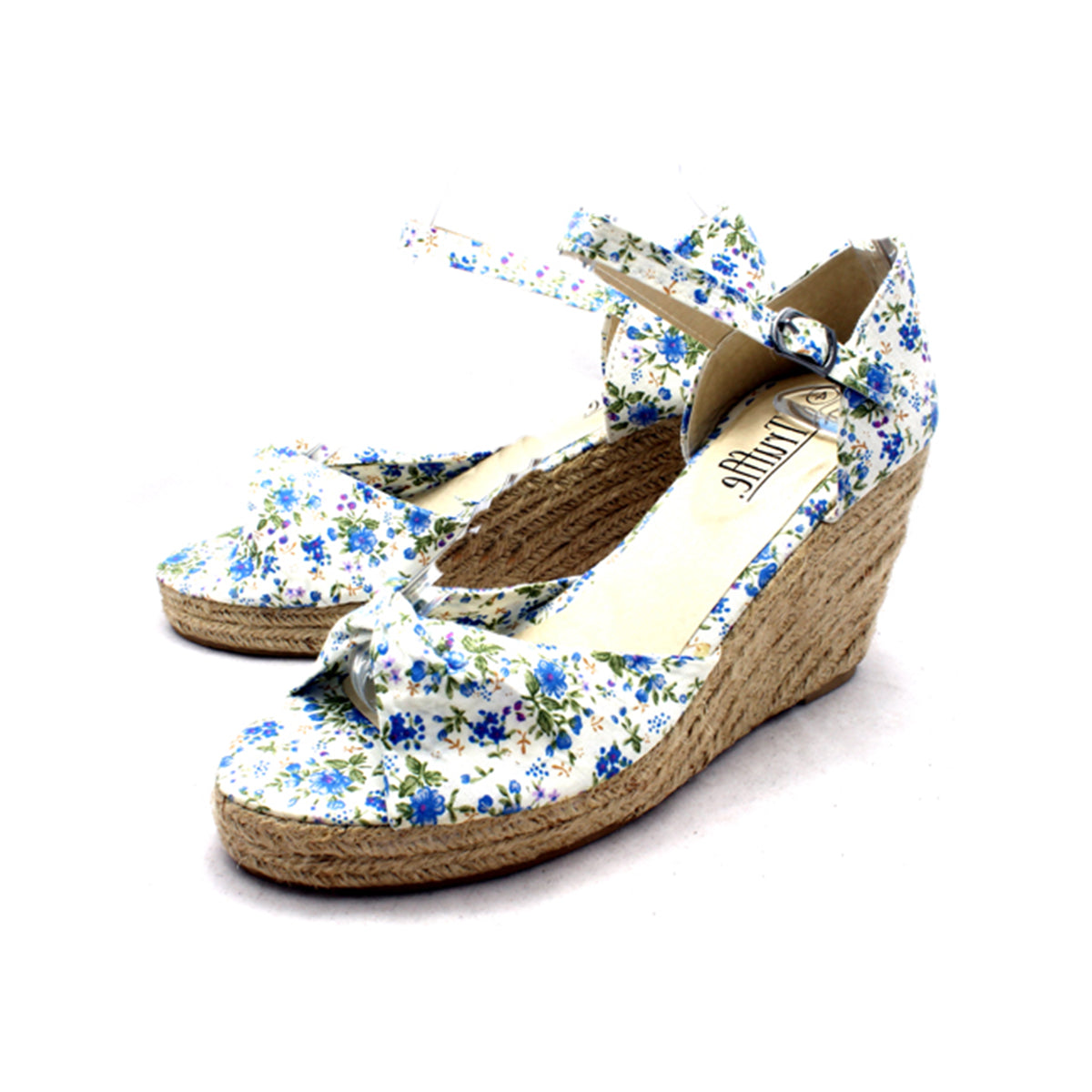 Blue floral Canvas Wedge heel sandals with peep toe and ankle strap