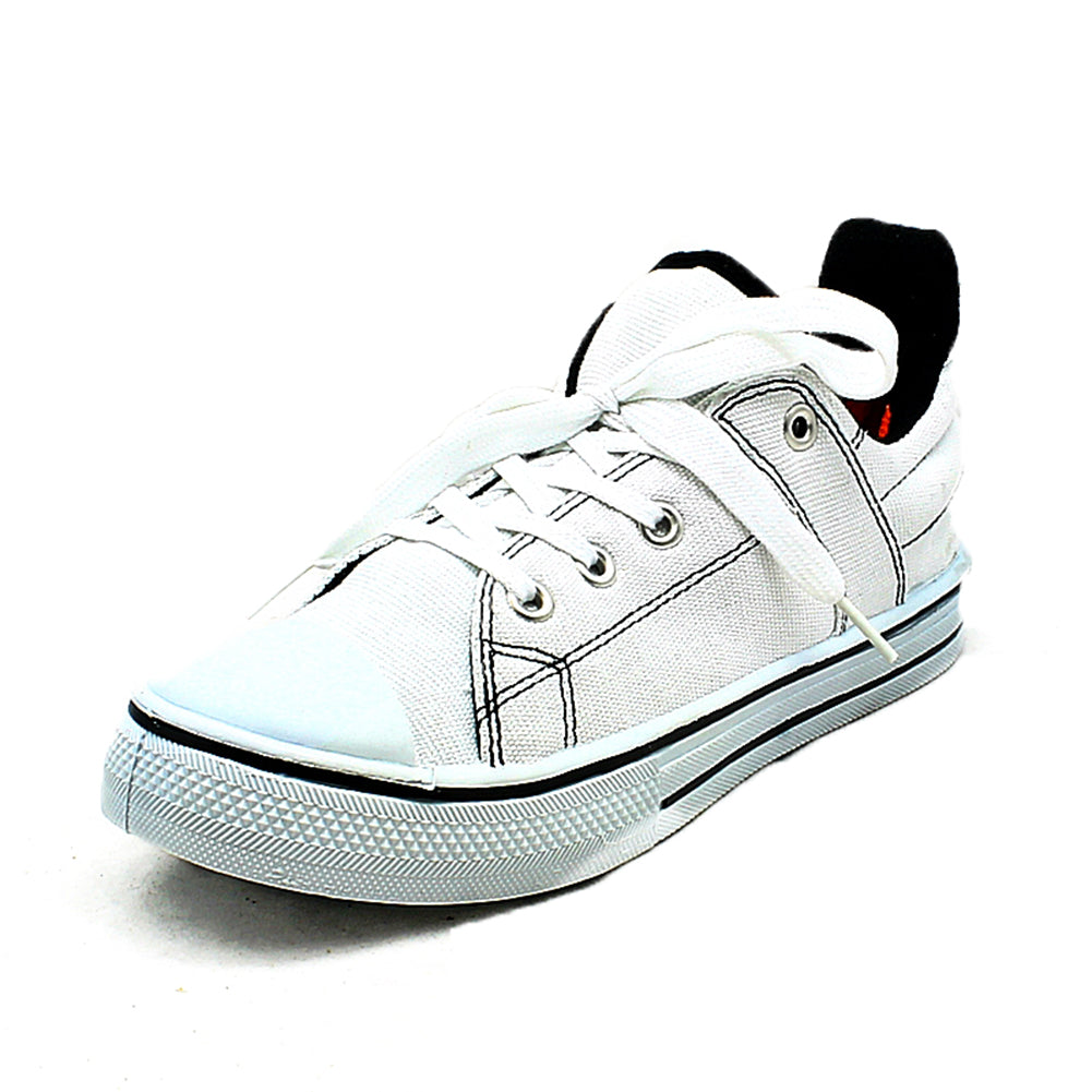 Childrens White Canvas lace up pumps with navy edging