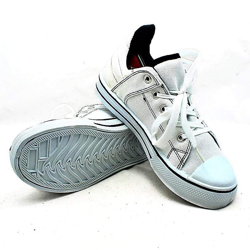 Childrens White Canvas lace up pumps with navy edging