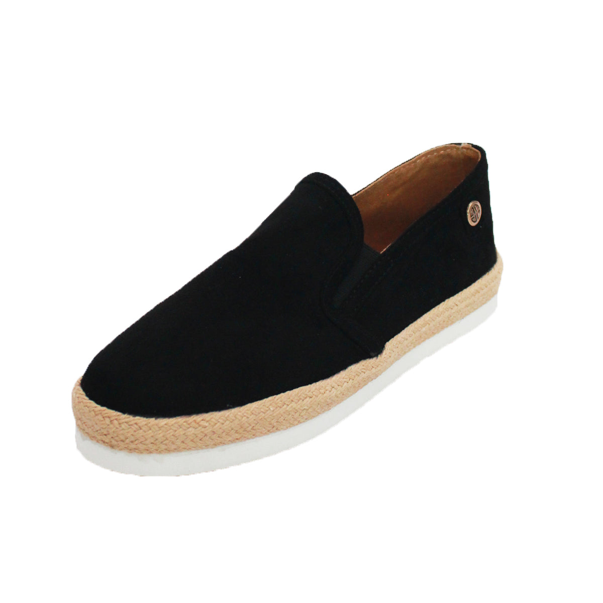 Black canvas flat pumps with rubber and hessian platform