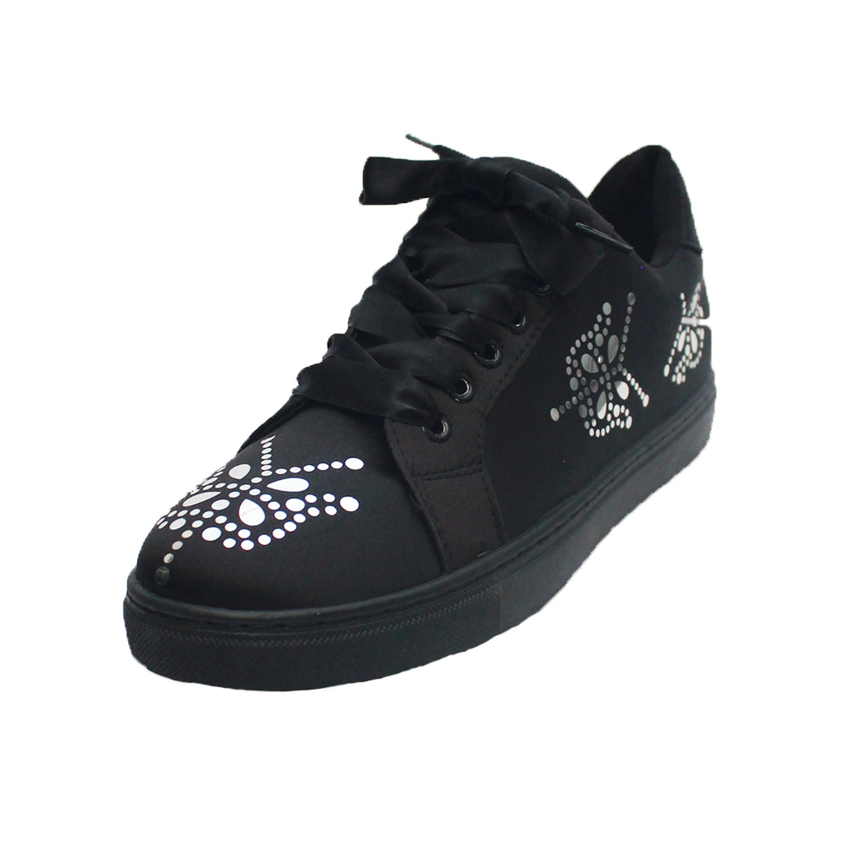 Black satin trainers with silver sparkly detail