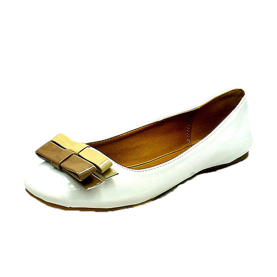 FLAT PATENT SHOES / PUMPS WITH SQUARE DOUBLE BOWWhite / UK 5