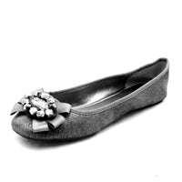 Sparkly flat party shoes with large jewel bow to front