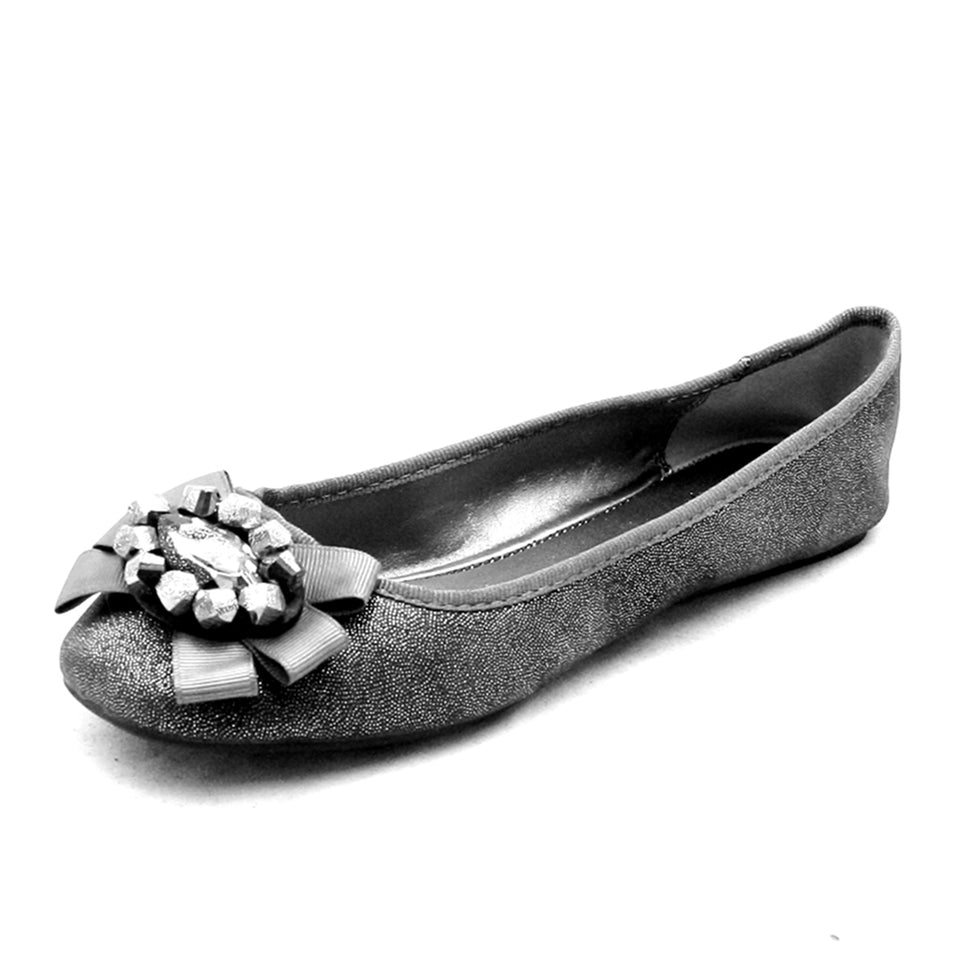 SPARKLY FLAT SHOES WITH LARGE JEWELLED BOWGrey / UK 4