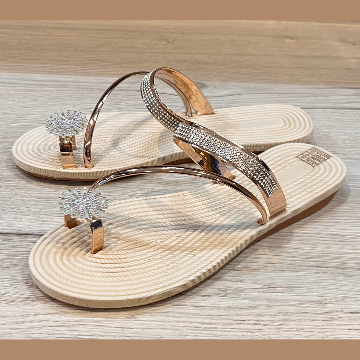 Gold Flat Sandals / Flip Flops with diamante toe ring