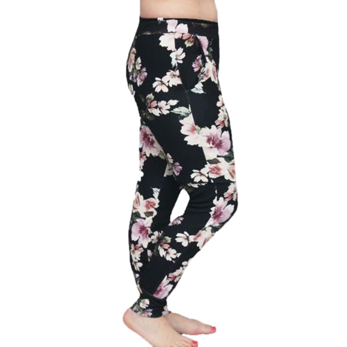 ROCKTHOSECURVES BLACK PINK FLORAL STRETCH CREPE TROUSERS WITH SIDE POCKETS