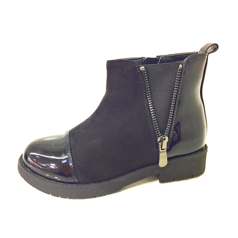 Older Girls + Adults Black suedette ankle boots + patent toe cap