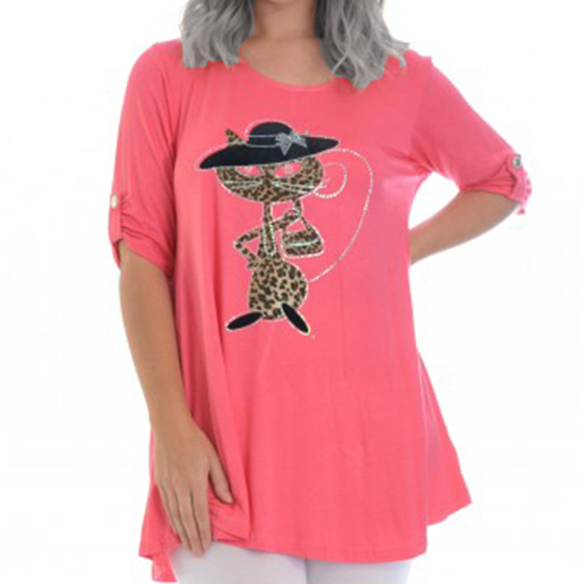 Loose fitting Button sleeve top with sparkly leopard print Cat in a Hat
