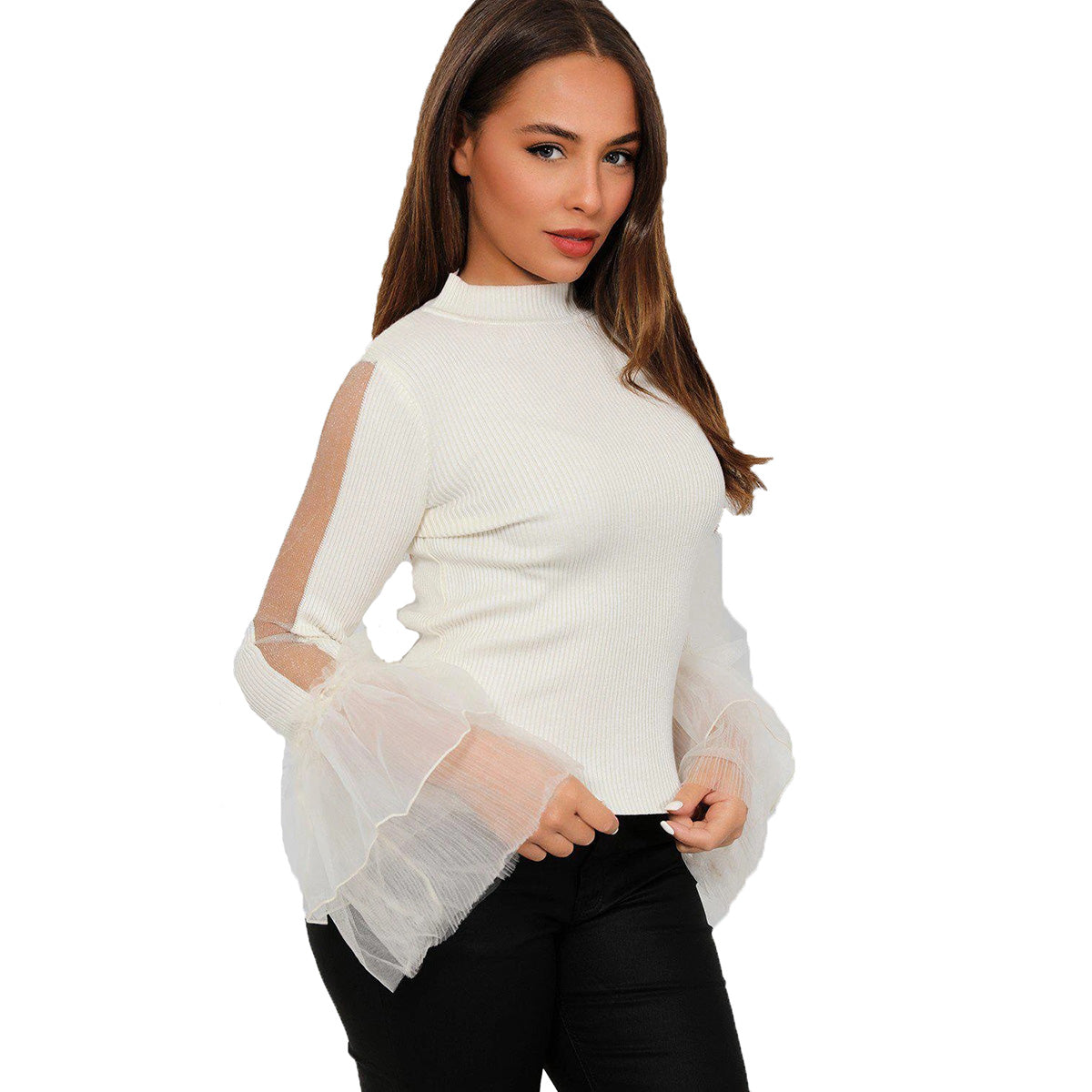 ROCKTHOSECURVES FRILLED CUFF TURTLE NECK KNITTED TOP