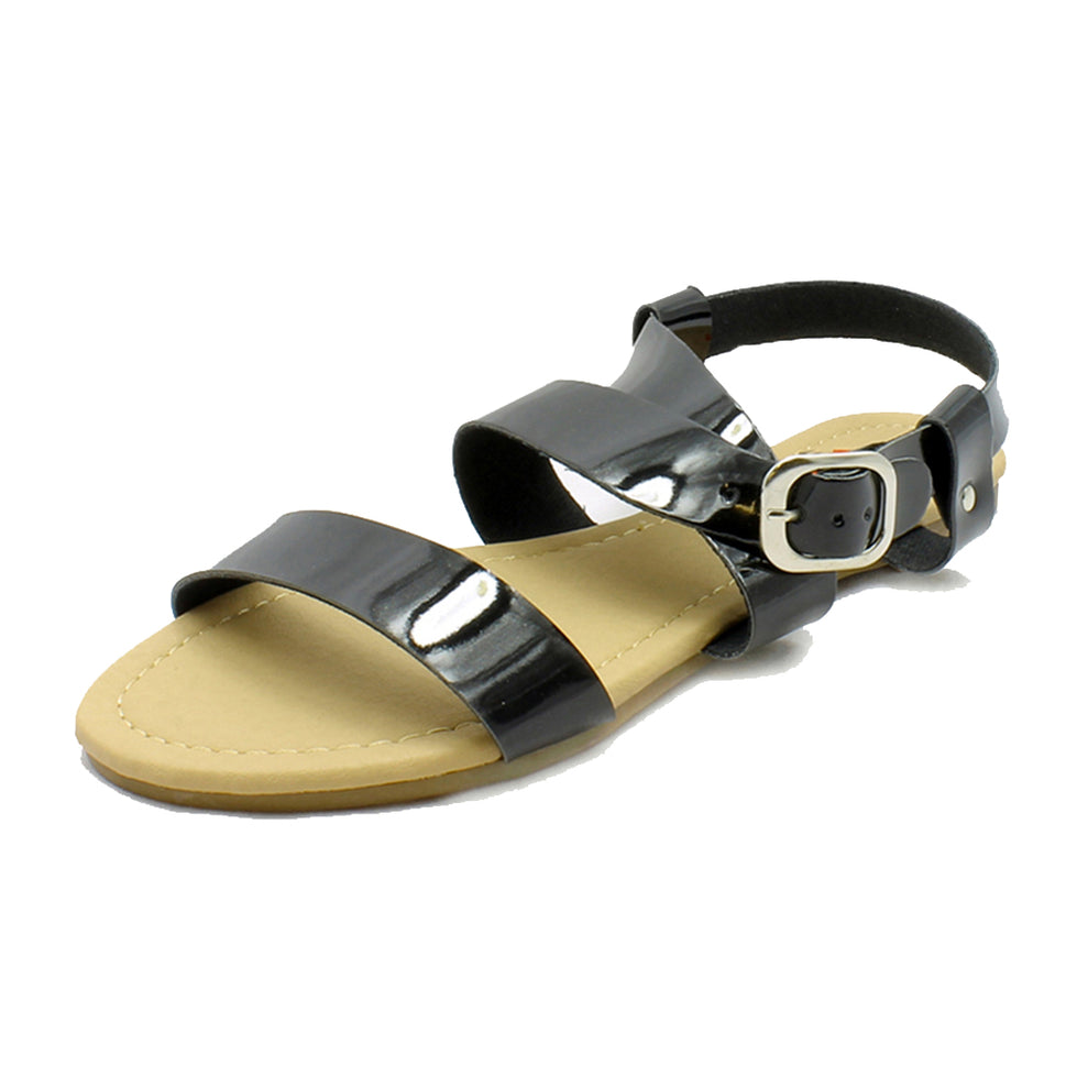 Patent strappy flat sandals with wide strapsBlack / UK 3