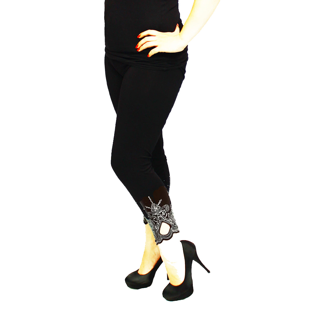 ROCKTHOSECURVES BLACK HIGH RISE LEGGINGS SEQUIN CUT OUT HEM