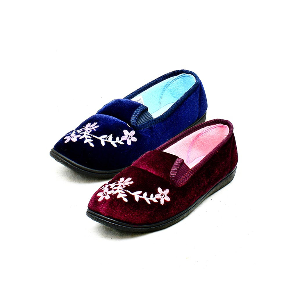 VELOUR ELASTICATED OUTDOOR SOLE EMBROIDERED SLIPPERS