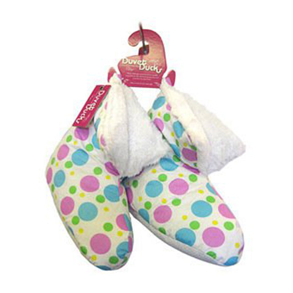 Childrens white duvet ducks slipper boots with multi coloured spots