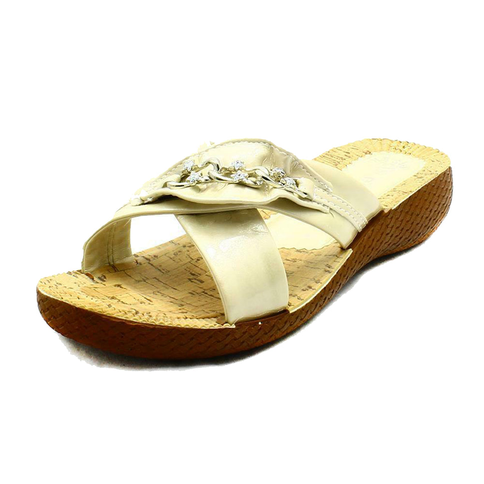 ROCKTHOSECURVES LOW WEDGE CUSHIONED SOLE SANDALS WITH DIAMANTE CHAINCREAM / UK 4