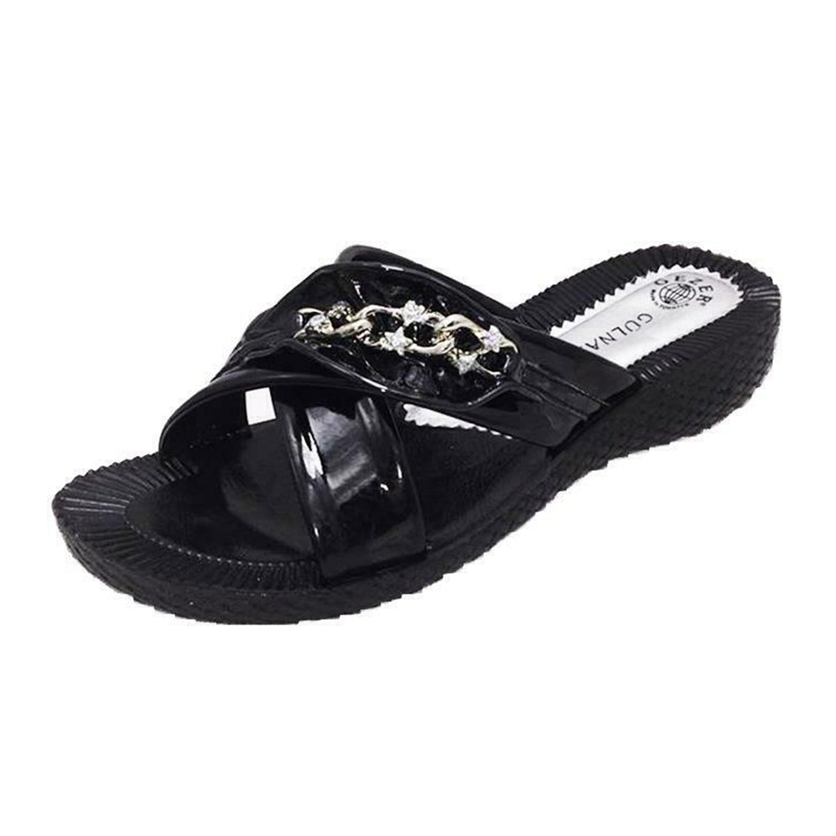 Patent Low wedge sandals with DIAMANTE chain