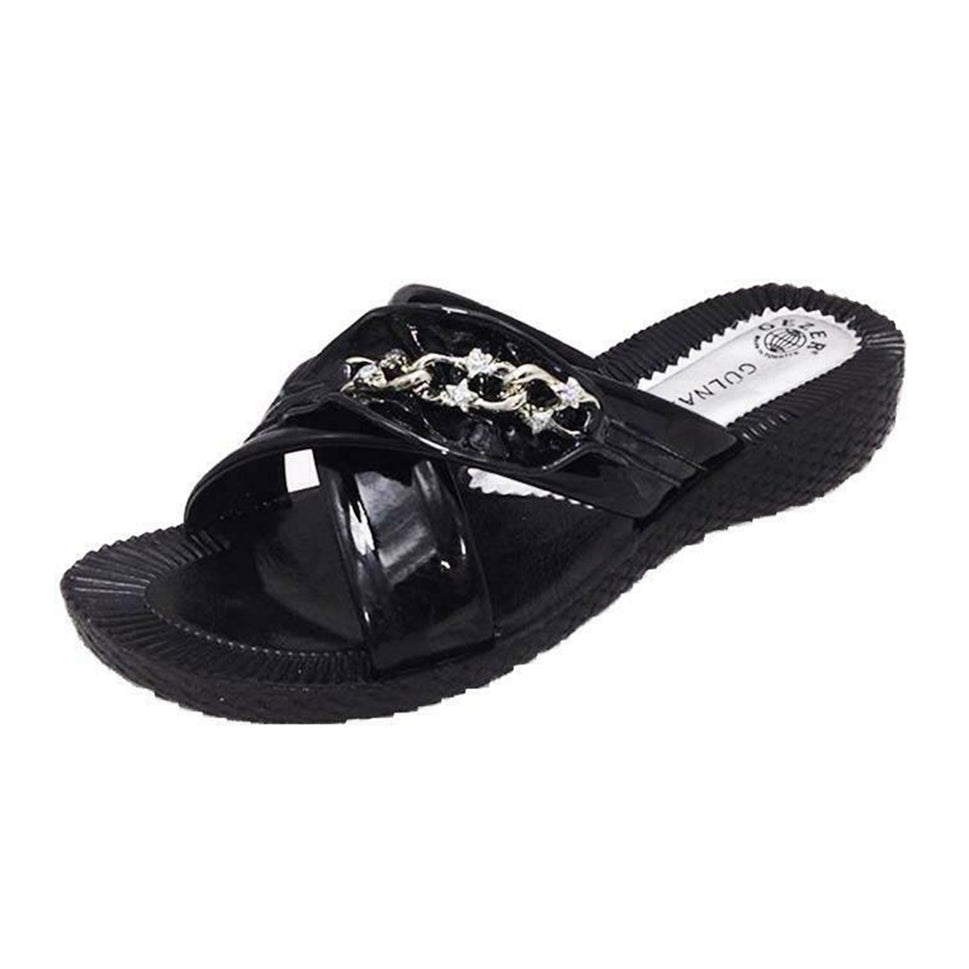 ROCKTHOSECURVES LOW WEDGE CUSHIONED SOLE SANDALS WITH DIAMANTE CHAINBLACK / UK 5