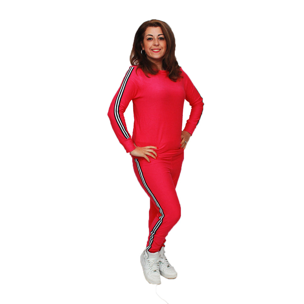 SOFT STRETCHY TRACKSUIT WITH SIDE POCKETS AND STRIPESPink / White / UK 12-14