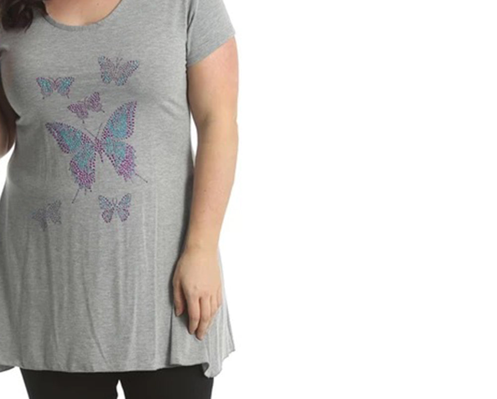 Flared hem short sleeve long length top with studded butterflies