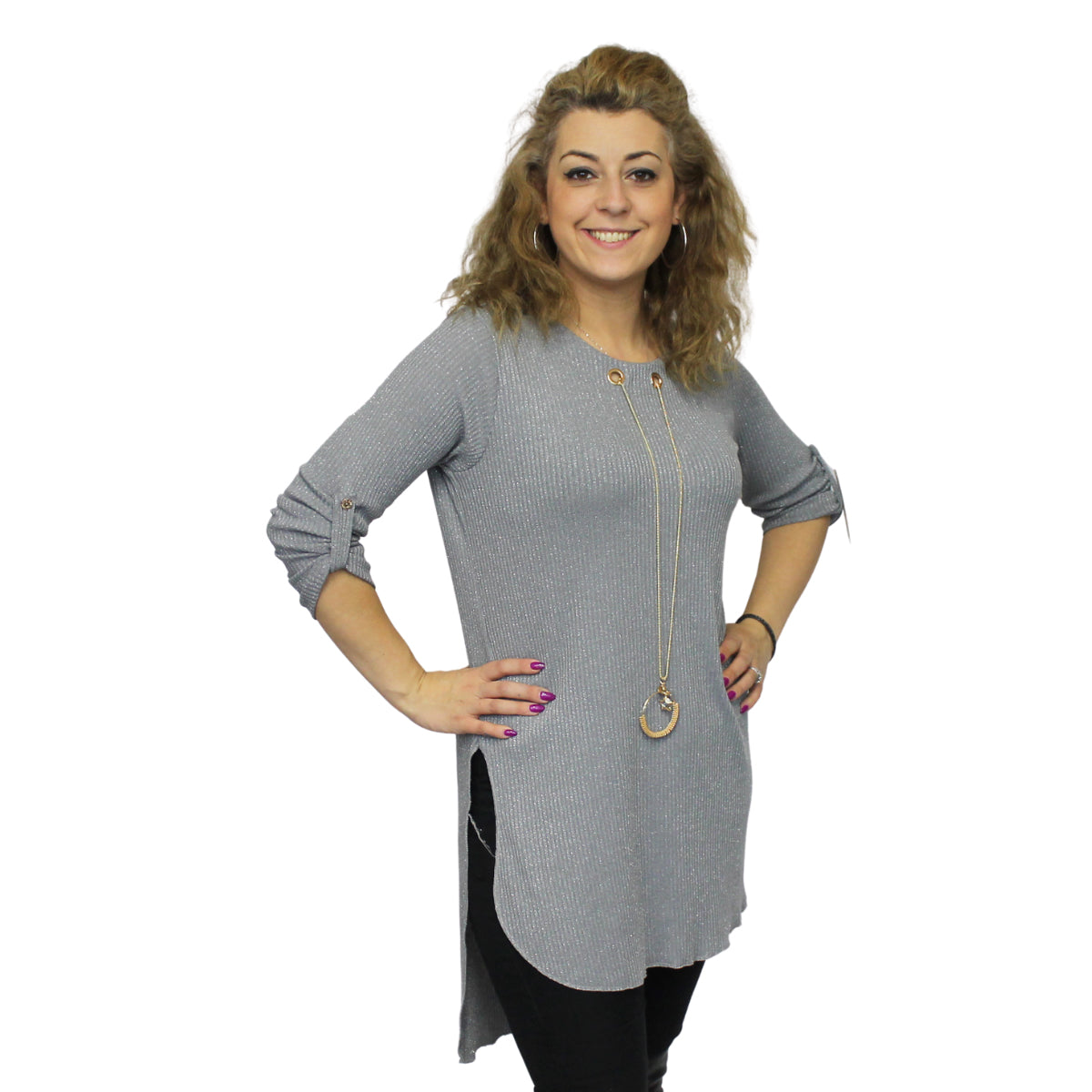 Long length dipped hem top with necklace